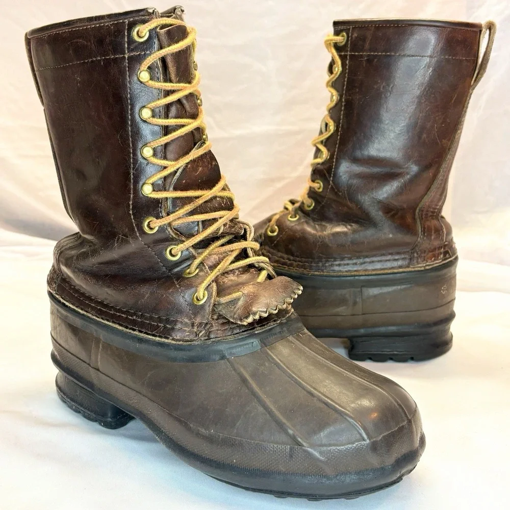 SCHNEE'S Winter Snow‎ PAC BOOTS Mens 7!Brown Leather Rubber Vamps & Warm Liners